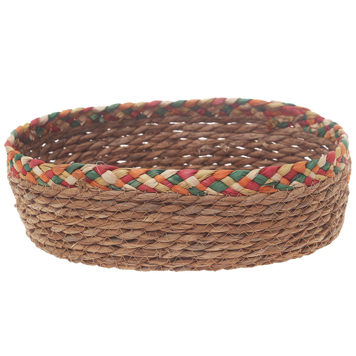 Handwoven Round Brown Basket with Multicolor Braided Rim – Large Natural Fiber Storage Organizer - Habitt