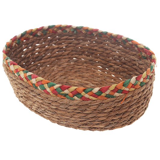 Handwoven Round Brown Basket with Multicolor Braided Rim – Large Natural Fiber Storage Organizer - Habitt