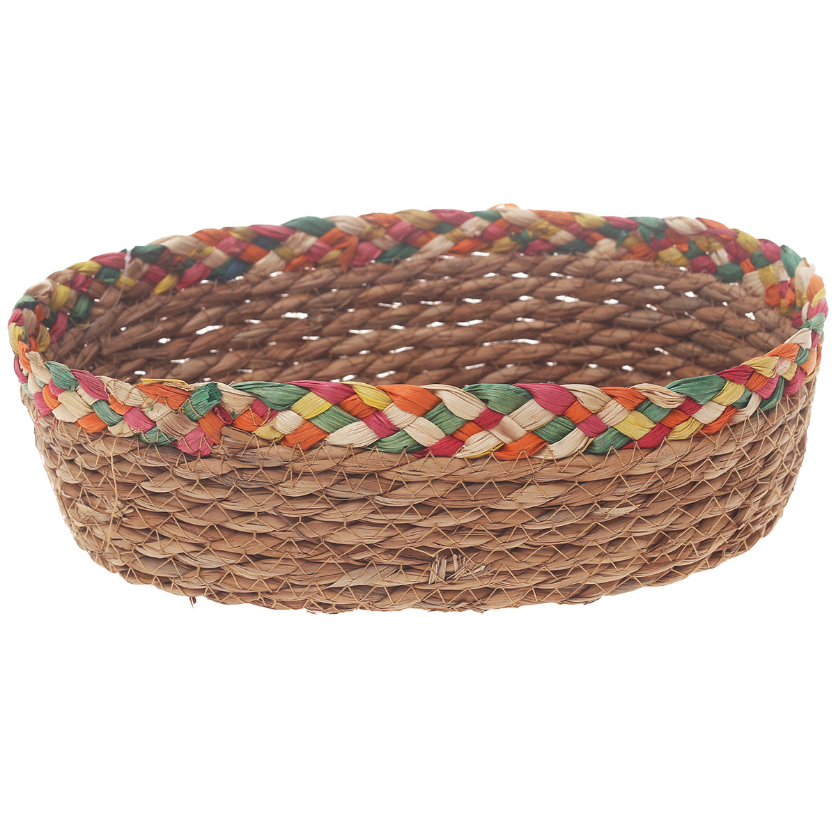 Handwoven Round Brown Basket with Multicolor Braided Rim – Medium Natural Fiber Storage Organizer - Habitt