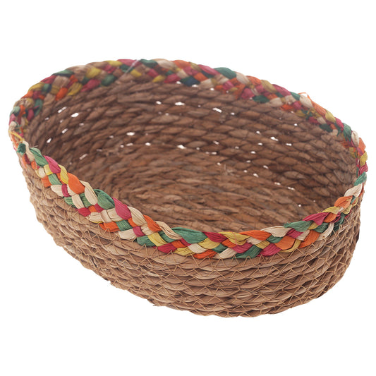 Handwoven Round Brown Basket with Multicolor Braided Rim – Medium Natural Fiber Storage Organizer - Habitt