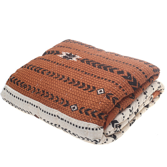 Boho Tribal Printed Bedspread – Linear Screen Print Cotton Bed Cover in Off White & Rust | Ethnic Warm Bohemian Bedding - Habitt