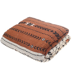 Boho Tribal Printed Bedspread – Linear Screen Print Cotton Bed Cover in Off White & Rust | Ethnic Warm Bohemian Bedding - Habitt