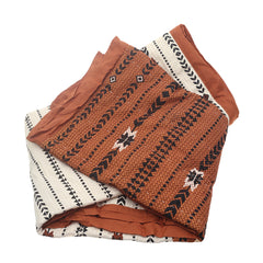 Boho Tribal Printed Bedspread – Linear Screen Print Cotton Bed Cover in Off White & Rust | Ethnic Warm Bohemian Bedding - Habitt
