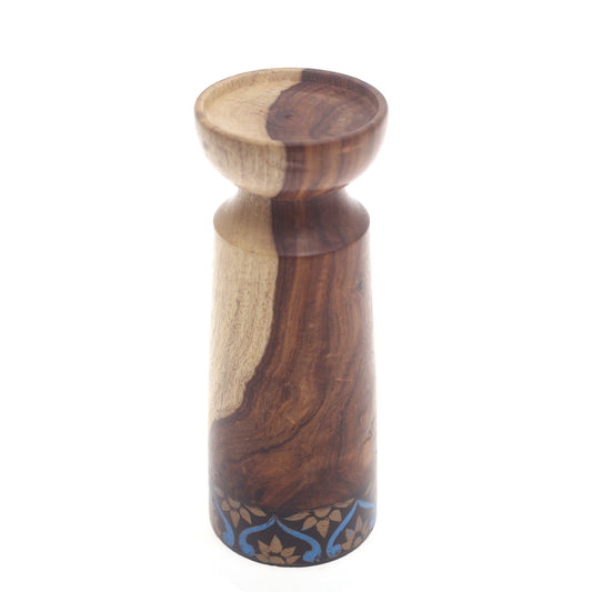Medium Wooden Candle Stand – Blue & Black | Decorative Candle Holder for Home