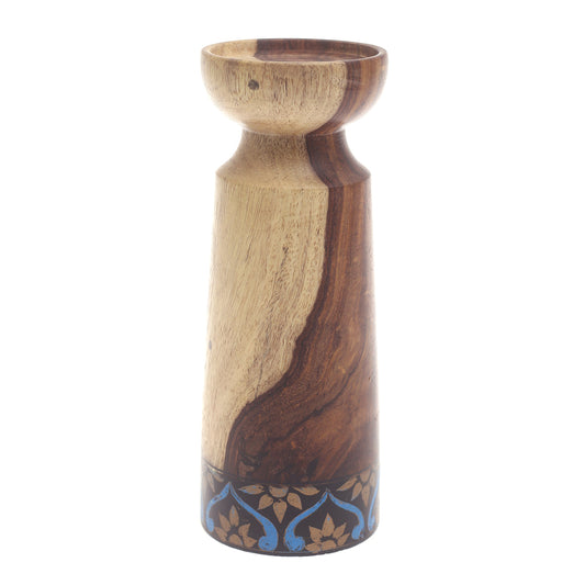 Medium Wooden Candle Stand – Blue & Black | Decorative Candle Holder for Home