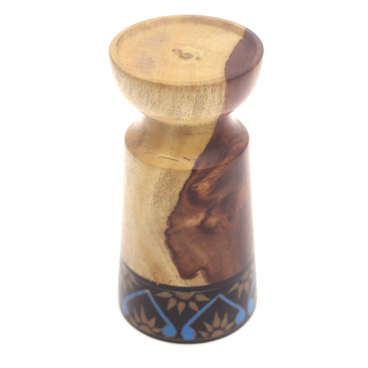 Small Wooden Candle Stand – Blue & Black | Elegant Decorative Holder