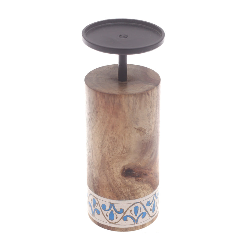 Wooden & Metal Candle Stand  Small White & Blue - Habitt