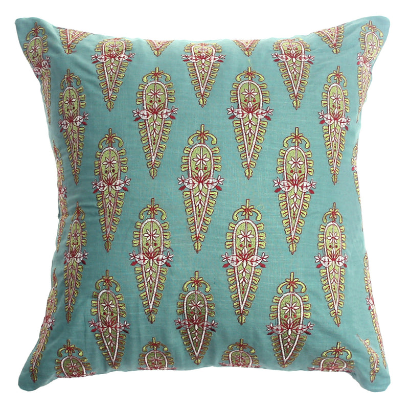 Rang Motif Cushion Cover 20x20 – Teal Cotton Throw Pillow with Embroidered Paisley Pattern - Habitt