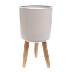 White Planter with Wooden Stand – Small