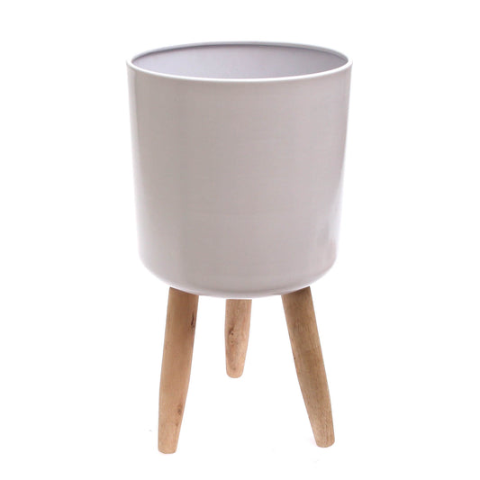 White Planter with Wooden Stand – Small