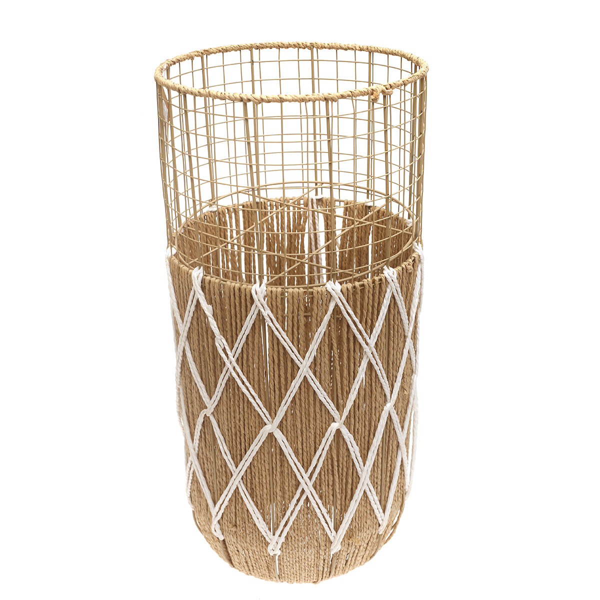 Large White & Natural Metal Wire Vase with Woven Rope Detailing (27 Inch Height)