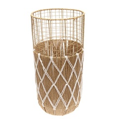 Large White & Natural Metal Wire Vase with Woven Rope Detailing (27 Inch Height)