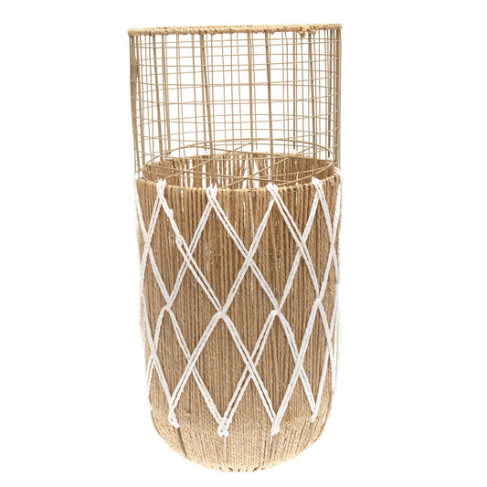 Large White & Natural Metal Wire Vase with Woven Rope Detailing (27 Inch Height)
