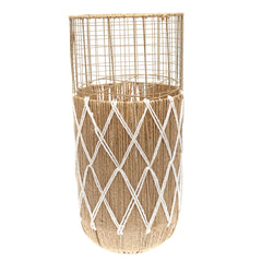 Large White & Natural Metal Wire Vase with Woven Rope Detailing (27 Inch Height)