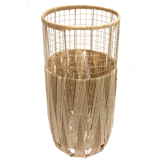 Large Natural & White Metal Wire Vase with Woven Rope Detailing (27 Inch Height)