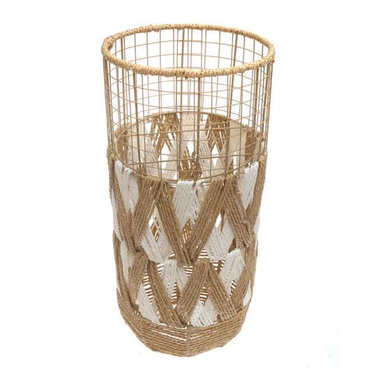 Handwoven Floor Vase – Medium White & Natural Rope Design