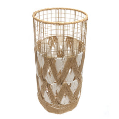 Handwoven Floor Vase – Medium White & Natural Rope Design