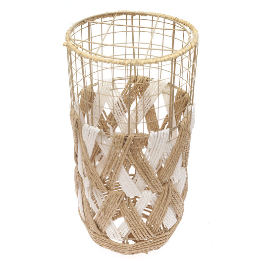 Handwoven Floor Vase – Small White & Natural Rope Design