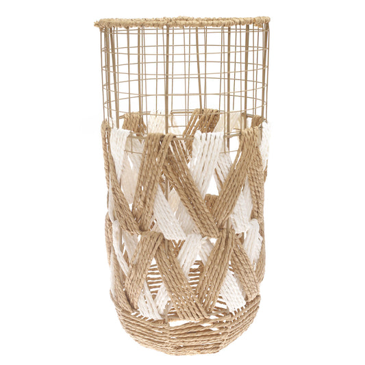 Handwoven Floor Vase – Small White & Natural Rope Design