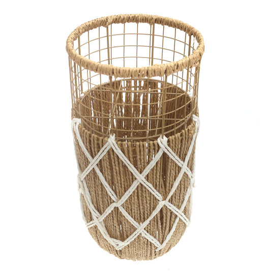Handwoven Floor Vase – Small White & Natural Rope Design