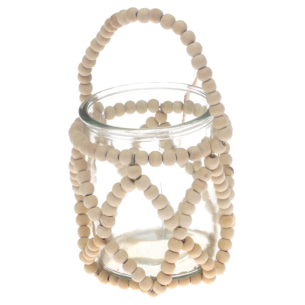 Transparent Hanging Lantern Medium 9 Inch | Glass & Wooden Bead Decorative Candle Lantern