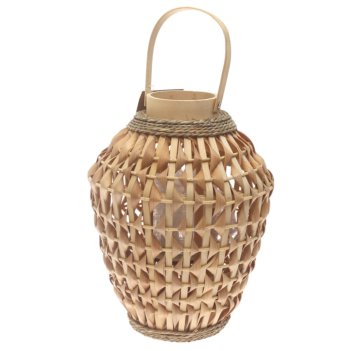 Natural Hanging Lantern Small 15 Inch | Handwoven Bamboo & Glass Decorative Lantern