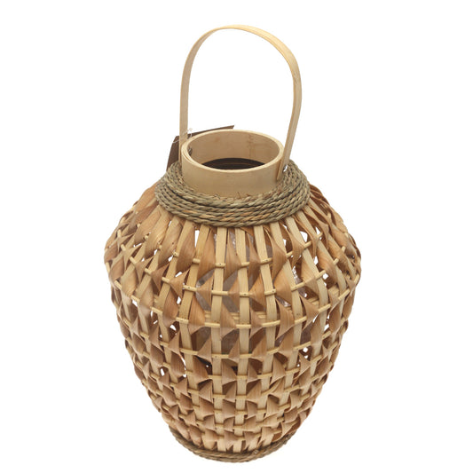 Natural Hanging Lantern Small 15 Inch | Handwoven Bamboo & Glass Decorative Lantern