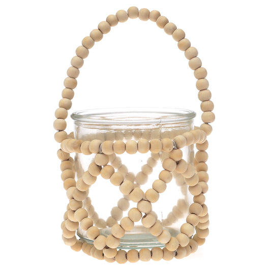 Transparent Hanging Lantern Small 8 Inch | Glass & Wooden Beaded Decorative Lantern
