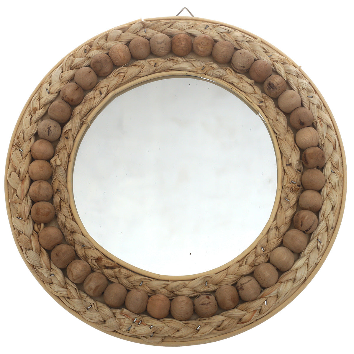 Natural Round Mirror 11.5 x 11.5 Inch Handwoven Beaded Frame