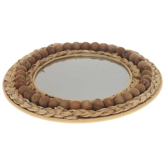 Natural Round Mirror 11.5 x 11.5 Inch Handwoven Beaded Frame