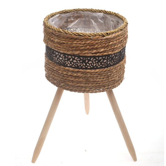 Large Handwoven Natural Fiber Planter with Wooden Stand – Black Accent | 12 x 12 x 9 Inch