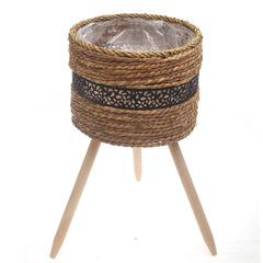 Large Handwoven Natural Fiber Planter with Wooden Stand – Black Accent | 12 x 12 x 9 Inch