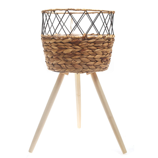 Large Natural Handwoven Planter with Wooden Stand – Open Metal Design | 12 x 12 x 10 Inch
