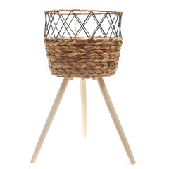 Large Natural Handwoven Planter with Wooden Stand – Open Metal Design | 12 x 12 x 10 Inch