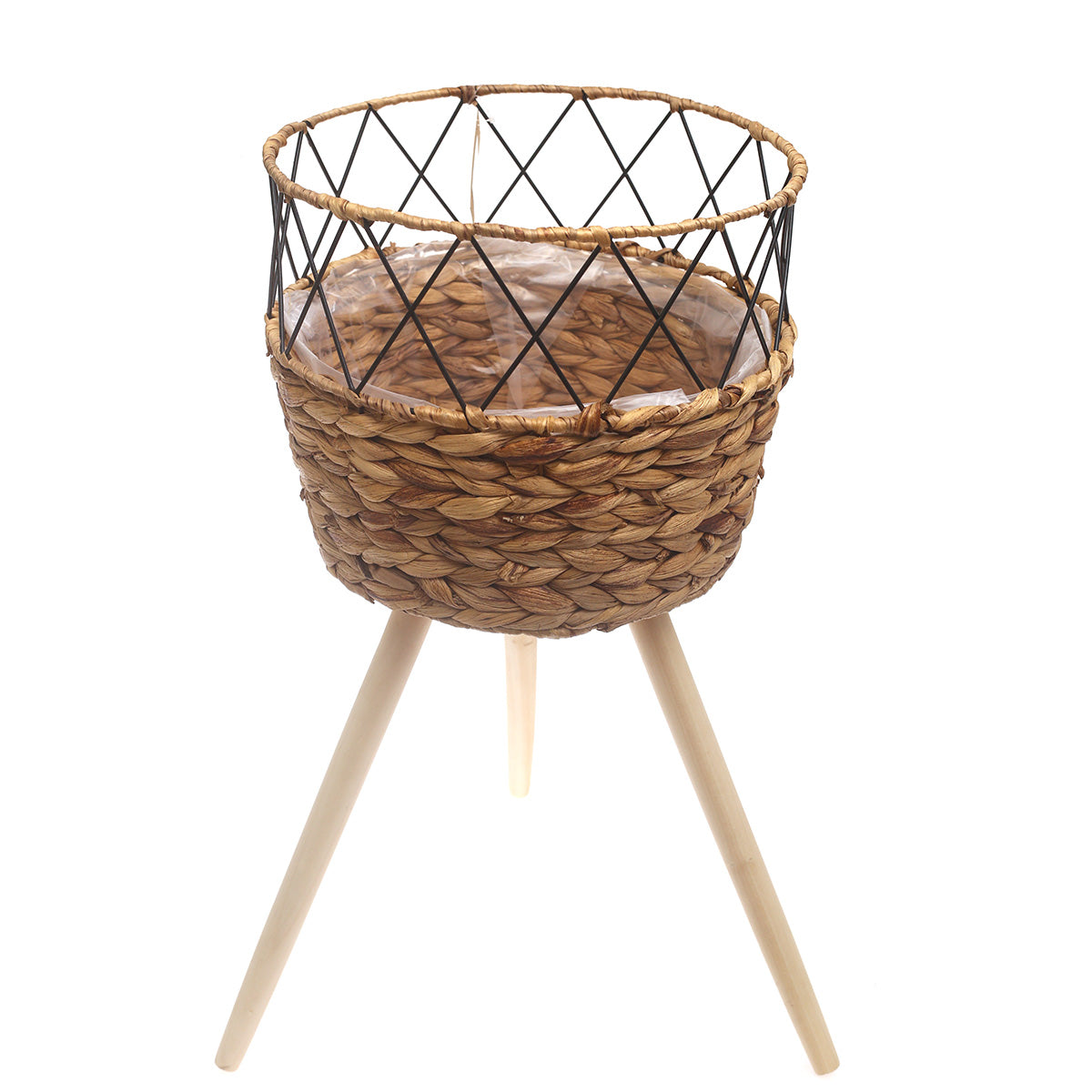 Large Natural Handwoven Planter with Wooden Stand – Open Metal Design | 12 x 12 x 10 Inch