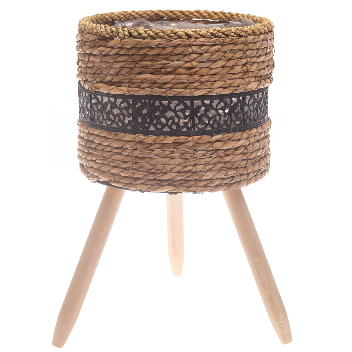 Medium Handwoven Natural Fiber Planter with Wooden Stand – Black Accent | 10 x 10 x 8.5 Inch