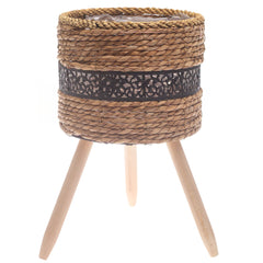 Medium Handwoven Natural Fiber Planter with Wooden Stand – Black Accent | 10 x 10 x 8.5 Inch