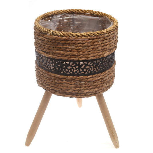 Medium Handwoven Natural Fiber Planter with Wooden Stand – Black Accent | 10 x 10 x 8.5 Inch