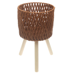 Medium Brown Woven Planter with Wooden Stand – 10 x 8 Inch