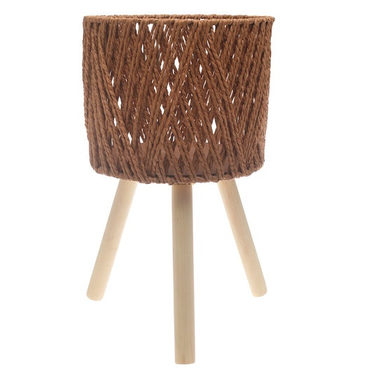 Medium Brown Woven Planter with Wooden Stand – 10 x 8 Inch
