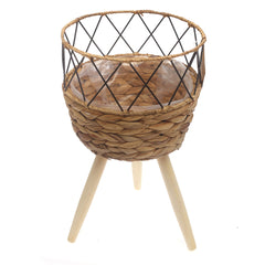 Medium Natural Handwoven Planter with Wooden Stand – Open Metal Design | 10 x 9 Inch