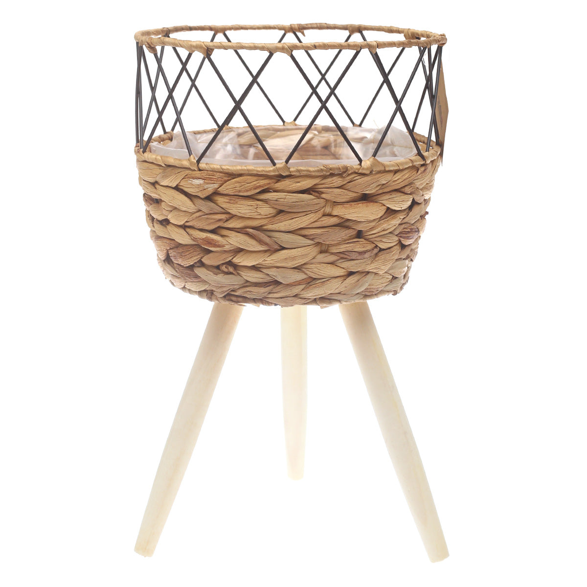 Medium Natural Handwoven Planter with Wooden Stand – Open Metal Design | 10 x 9 Inch