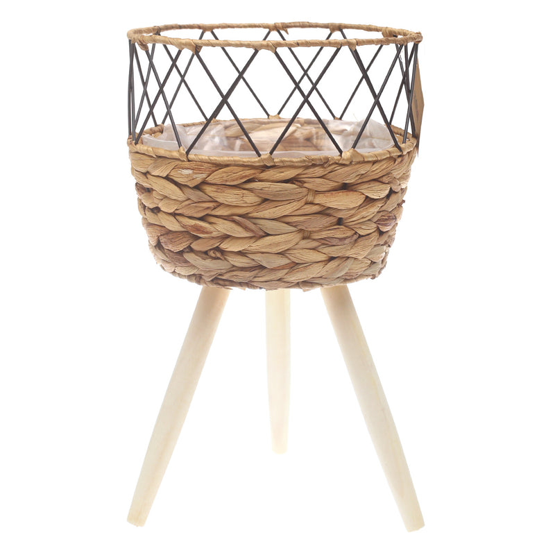 Natural Woven Planter with Wooden Legs – Medium, 10 x 9 Inch