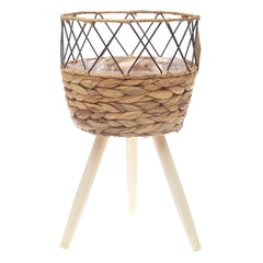 Medium Natural Handwoven Planter with Wooden Stand – Open Metal Design | 10 x 9 Inch