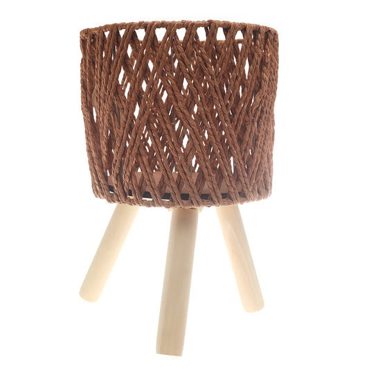 Planter Small BrownSmall Brown Woven Planter with Wooden Stand – 8.5 x 8.5 x 7.5 Inch