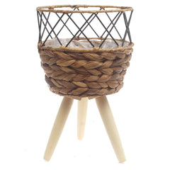 Small Natural Handwoven Planter with Wooden Stand – Open Metal Design | 8 x 8 Inch