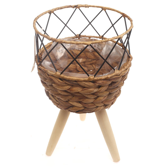 Small Natural Handwoven Planter with Wooden Stand – Open Metal Design | 8 x 8 Inch