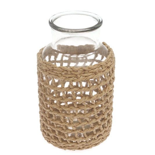 Transparent Glass Vase with Handwoven Natural Fiber Wrap – 10 Inch Height