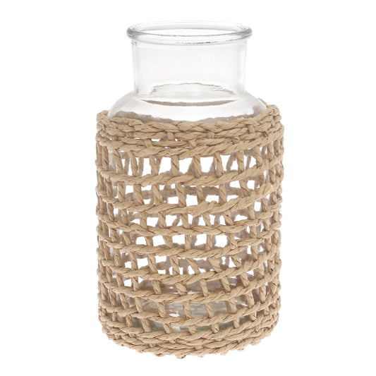 Transparent Glass Vase with Handwoven Natural Fiber Wrap – 10 Inch Height