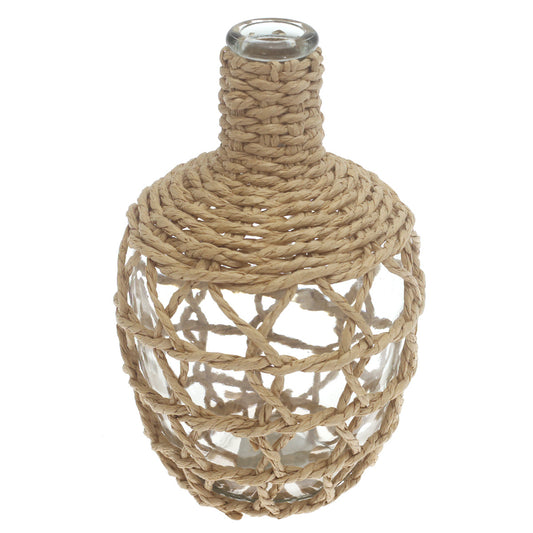 Transparent Glass Vase with Handwoven Natural Fiber Detailing – 10 Inch Height